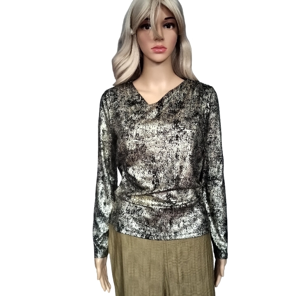 Donna Karan Shimmering Black and Gold Wrap Neck Blouse Size S NWT